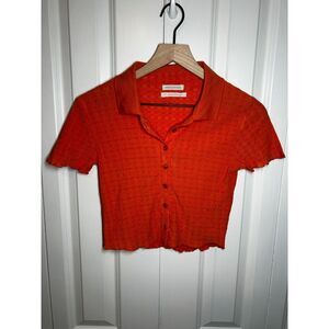 Urban Outfitters Orange Smocked Textured Button-Front Polo Crop Top Size S